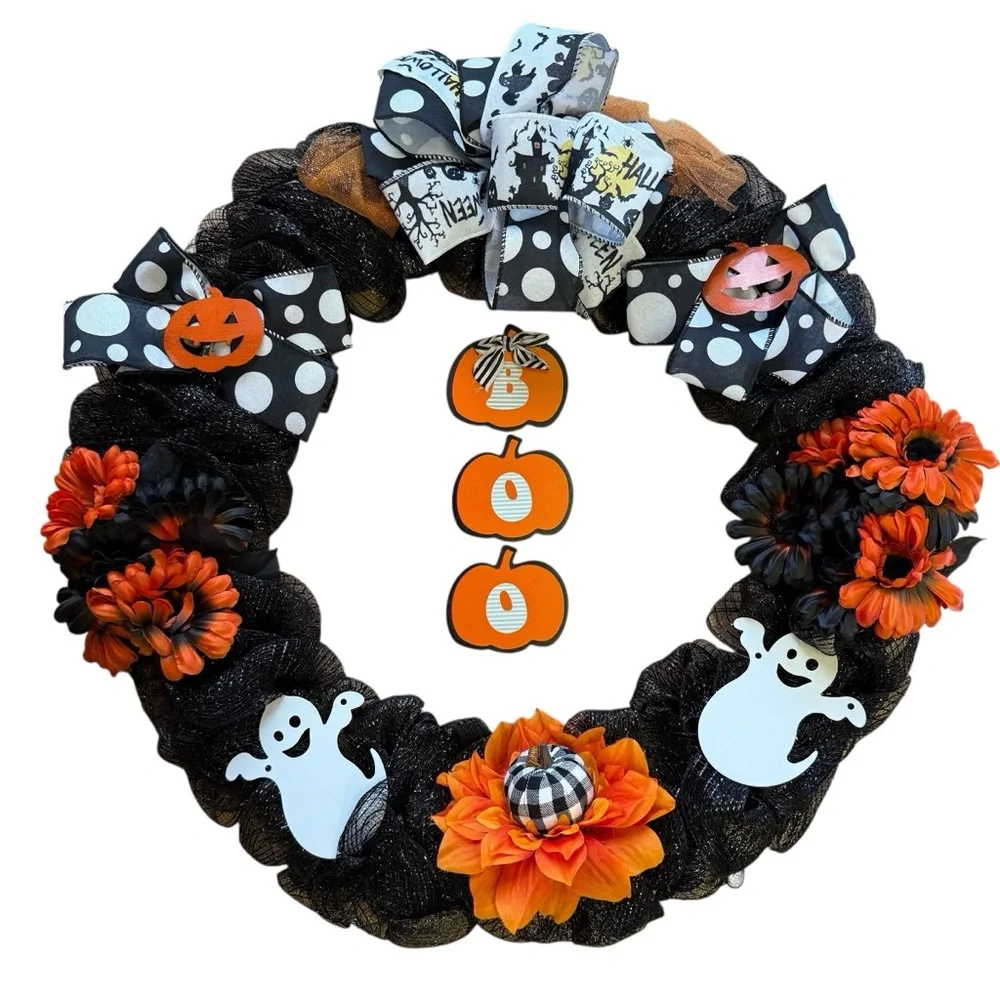 Black Glitter Mesh Halloween Wreath with Orange Flowers Haunted House Ribbon 25